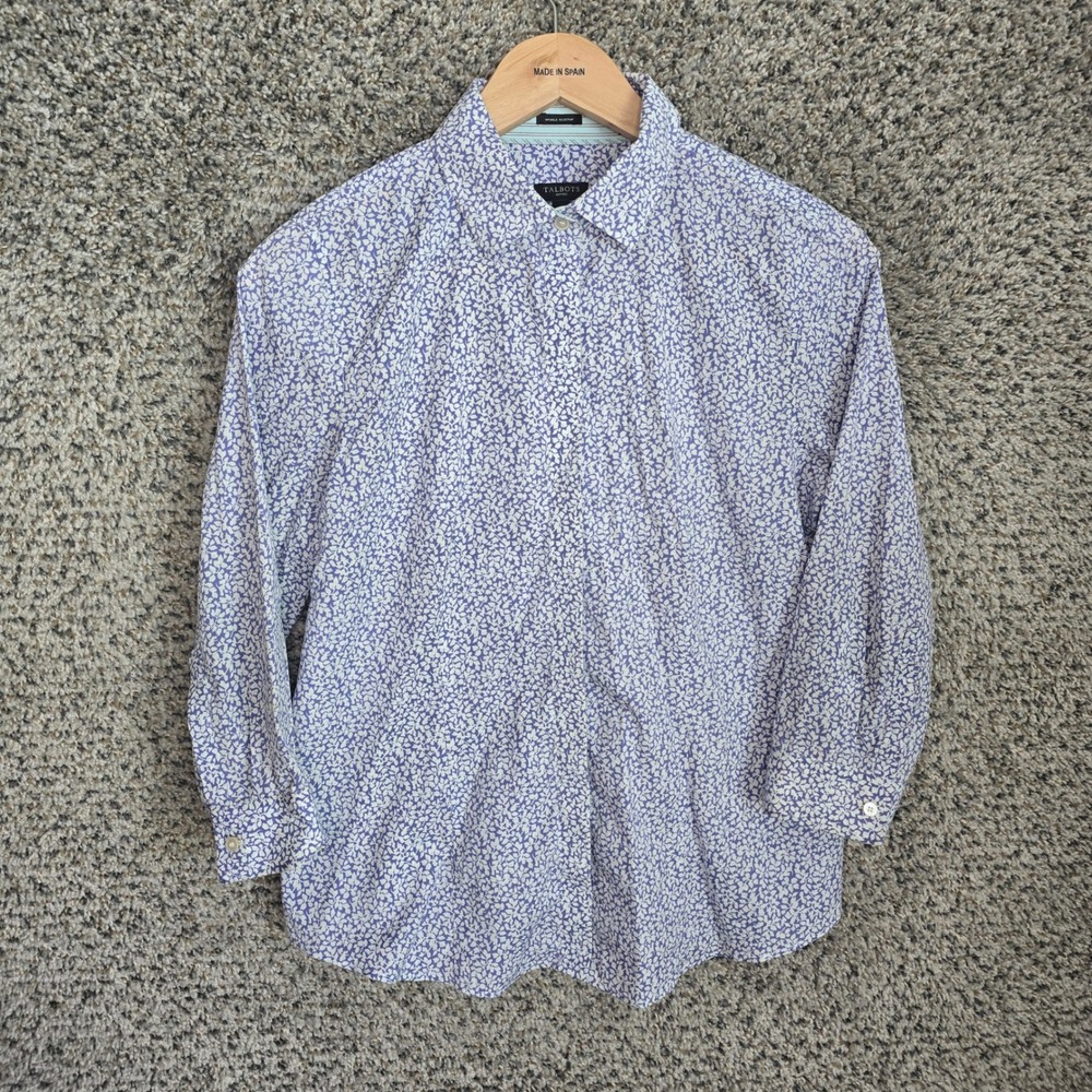 Talbots Top Womens 8P Petite Purple Printed Button Wrinkle‎ Resistant Casual
